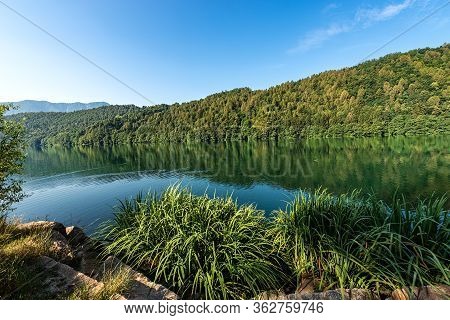 Lago Di Levico, Small Beautiful Lake In Italian Alps, Levico Terme Town, Trento Province, Trentino A