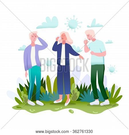 Infected Poor People Standing Outside With A Couple Of Syndromes Like A Headache, Cough, Sneeze, Spr