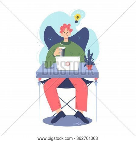Sitting Man Works In A Comfortable Workspace. He Is Full Of Ideas And Inspiration, Drinking Coffee A
