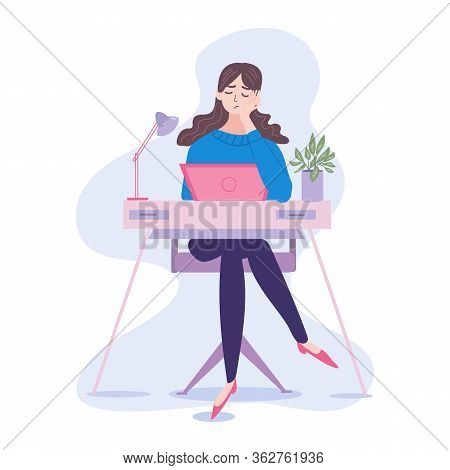 A Poor Bored Or Tired Office Woman Or Working From Home. She Is Overloaded, Unhappy And Probably Can
