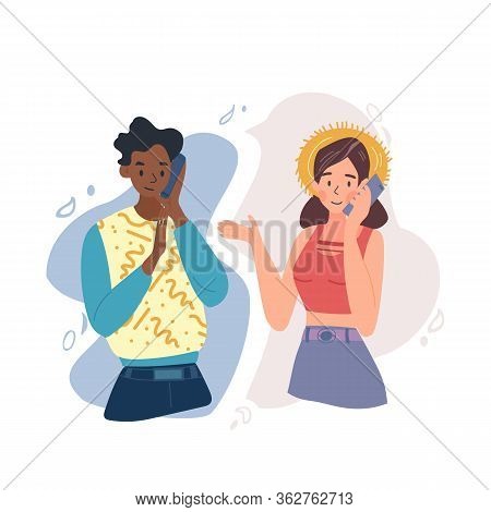 A Young Couple Is Talking From Different Places Using A Mobile Phone. A Picture Shows The Usability 