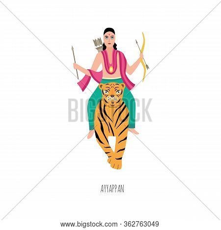 Lord Ayyappan Of Hindu Deity Religious Tradition Image, Flat Vector Illustration Isolated On White B
