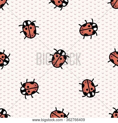Cute Scattered Ladybug Seamless Vector Pattern. Hand Drawn Biology Garden Wildlife For Stay Home Ill