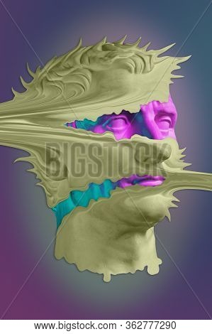 Collage With Plaster Antique Sculpture Of Human Face In A Pop Art Style. Creative Concept Colorful N