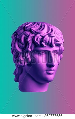 Collage With Plaster Antique Sculpture Of Human Face In A Pop Art Style. Creative Concept Colorful N