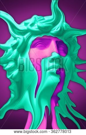Collage With Plaster Antique Sculpture Of Human Face In A Pop Art Style. Creative Concept Colorful N