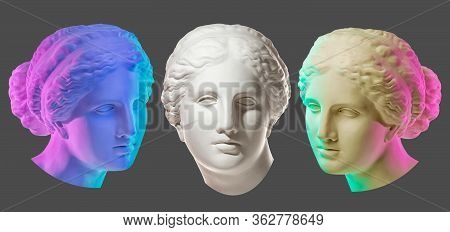 Statue Of Venus De Milo. Creative Concept Colorful Neon Image With Ancient Greek Sculpture Venus Or 