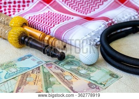 Close-up Set Of Arab Scarf Shawl Keffiyeh Or Kafiya, Igal Or Agal, Arabian Bank Notes Uae Dirhams, G