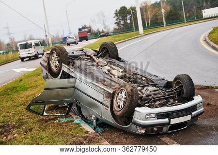 car crash accident on street. damaged automobiles