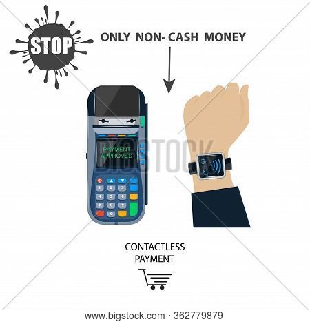 Contactless Payment. Smart Watch On A Mans Hand And Payment Terminal - Isolated On White - Vector. Q