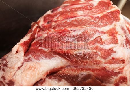 Piece Of Fresh Calf Meat. Close-up Of Offal, Raw, Fresh Fleshy Animal Cut. Whole Piece Of Meat. Sele