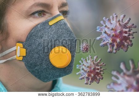 Woman wearing a real anti-pollution and anti-viruses face mask outside. SARS COVID-19 pandemic concept