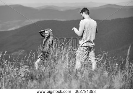 Snapping Memories. Man And Woman Posing Mobile Photo. Lets Take Photo. Summer Vacation Concept. One 