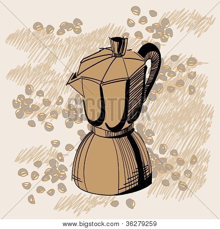 Luonnos Mokka vedenkeitin kahvin pavut