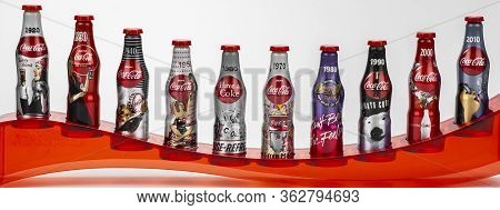 New York, Usa 11.01.2020 Coca-cola Aluminum Recyclable Bottles Isolated On A White Background In Stu