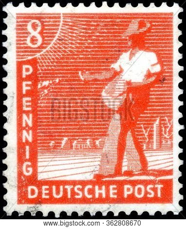 Saint Petersburg, Russia - April 21, 2020: Stamp Issued In The Germany, Allied Occupation, With The 