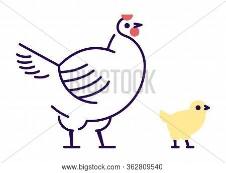White Hen With Yellow Chick Flat Vector Illustration. Domestic Bird Breeding Concept. Mother Chicken