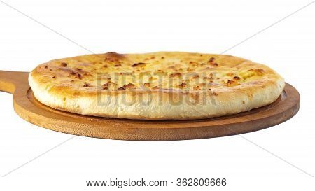 Georgian Traditional Food Khachapuri On A Wooden Dish On White Background