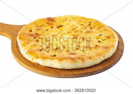 Georgian Traditional Food Khachapuri On A Wooden Dish On White Background