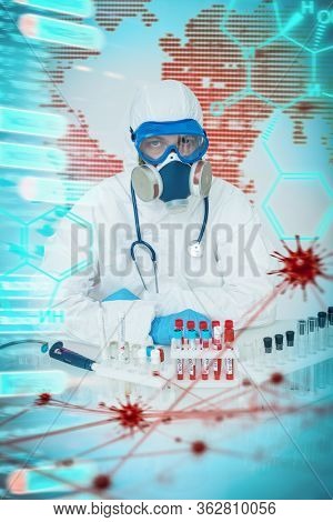 COVID-19. Doctor, microbiologist, scientist in a protective suit, makes a research of coronavirus in the laboratory. Modern technologies in medicine.