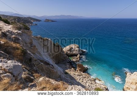 Panoramic View Of A Sea And Islands From The Top Of The Mountain, On The Island Of Crete, Greece.