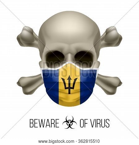 Human Skull With Crossbones And Surgical Mask In The Color Of National Flag Barbados. Mask In Form O