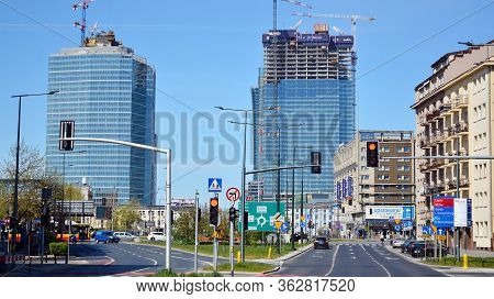 Warsaw, Poland. 23 April 2020. Roundabout Daszynski. New Skyscrapers In The Financial District Of Do