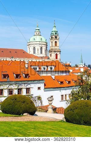 Vrtbovska Garden In Prague. Terraced Baroque Garden And Overview Of Lesser Town With St Nicholas Chu