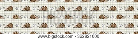 Cute Cartoon Slimy Snail With Shell Seamless Vector Border. Hand Drawn Slippery Slug For Yard Illust