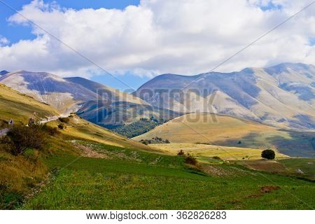 National Park of the Sibillini Mountains. Fields in Castelluccio di Norcia, Umbria, Italy. October 2019.