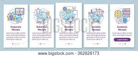 Lifestyle Types Onboarding Mobile App Page Screen With Linear Concepts. Corporate, Bohemian, Creativ