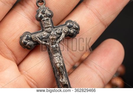 Closeup Man Hand Catholic Rosary Beads-religious Neckless Symbol