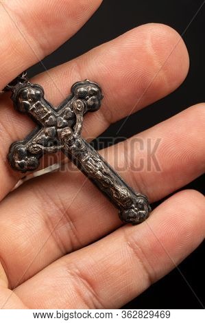 Closeup Man Hand Catholic Rosary Beads-religious Neckless Symbol