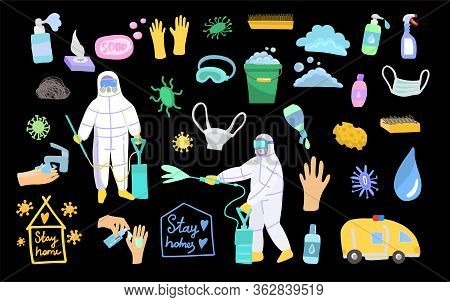 Mega Vector Set Of Clipart Disinfection And Control Of Coronavirus In The Style Of Scruff Isolated O