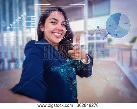 Professional Choosing You And Virtual Identification Graphics. Happy Beautiful Young Latin Woman In 