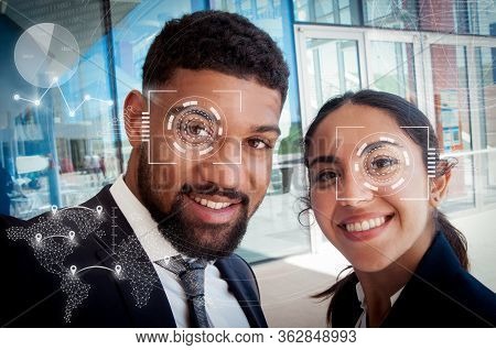 Colleagues Taking Selfie And Virtual Identification Graphics. Business Man And Woman Looking At Came