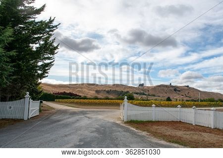 White Picket Fence And Ornate Gateway Leading Into The Vineyard And Winery Beneath In Martinborough 