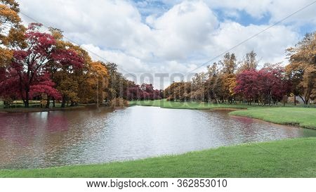 A Beautiful Park In An Autumn Season, Yellow And Orange Colorful  Leaves Of The Trees On Green Grass