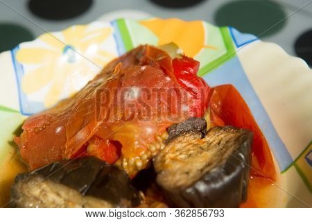 Mold On Stewed Vegetables, Spoiled Food Close-up On A Plate