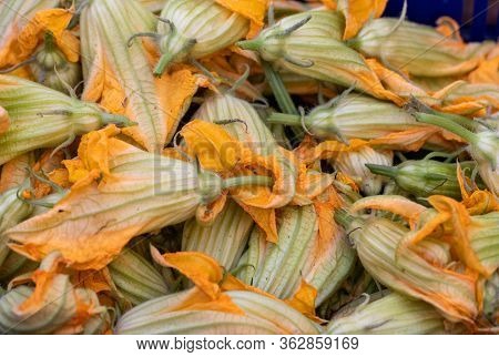 Fresh Zucchini Flowers At A Farmers Market In Italy