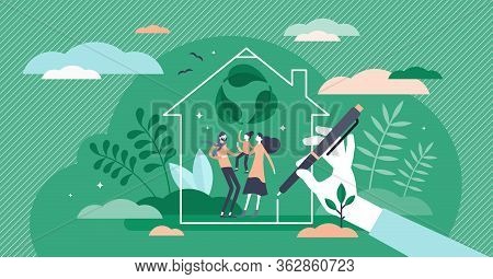 Green Home Vector Illustration. Ecological House Flat Tiny Persons Concept. Build Property With Sust