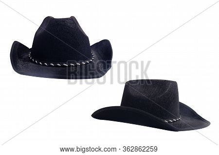 Two Black Cowboy Hats Isolated On A White Background. Straight And Side View.