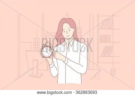 Time Management, Business Concept. Young Smiling Businesswoman Girl Clerk Manager Cartoon Character 