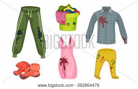 Dirty Laundry Or Clothes With Spots Of Mud Vector Set