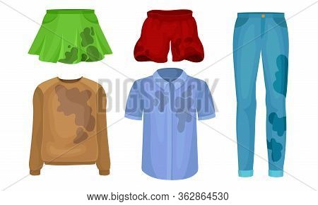 Dirty Laundry Or Clothes With Spots Of Mud Vector Set