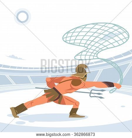 Warrior Retiarius Gladiator In The Arena With A Grid And A Trident. Side View. Vector Isolated Illus
