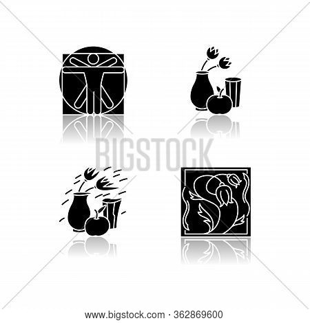 Cultural Movements Drop Shadow Black Glyph Icons Set. Renaissance And Modern European Art Styles. Re