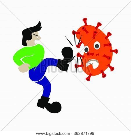 Man Fight Kick Virus Corona Cartoon Illustration Vector Covid 19