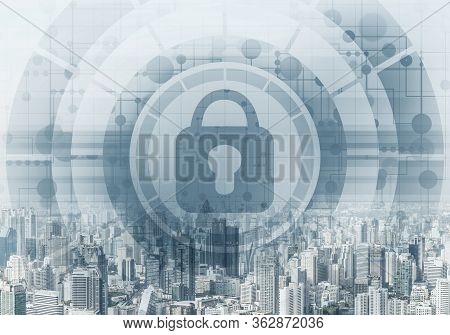 Global Cybersecurity Mixed Media With Virtual Locking Padlock On Cityscape Background. Data Cryptogr
