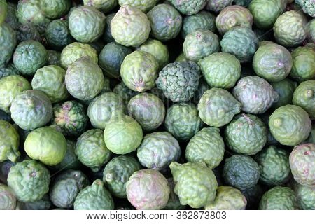 Green Bergamot Fruits Citrus Bergamia Sold In The Phnom Penh Market, Cambodia